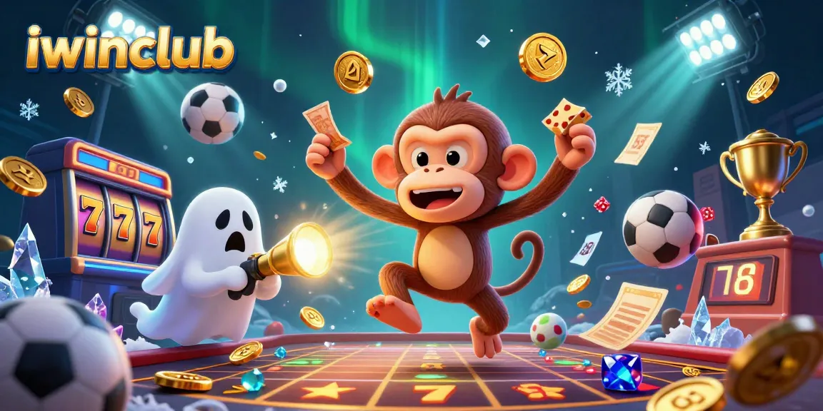 iwinclub showcases a playful casino scene with a mischievous monkey juggling golden game elements and a curious puppy tracking it.