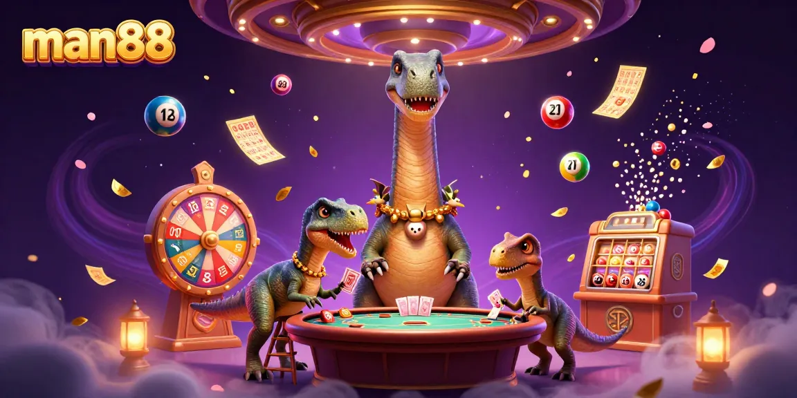 man88 dinosaur-themed casino scene with raptor dealing cards amidst lottery elements