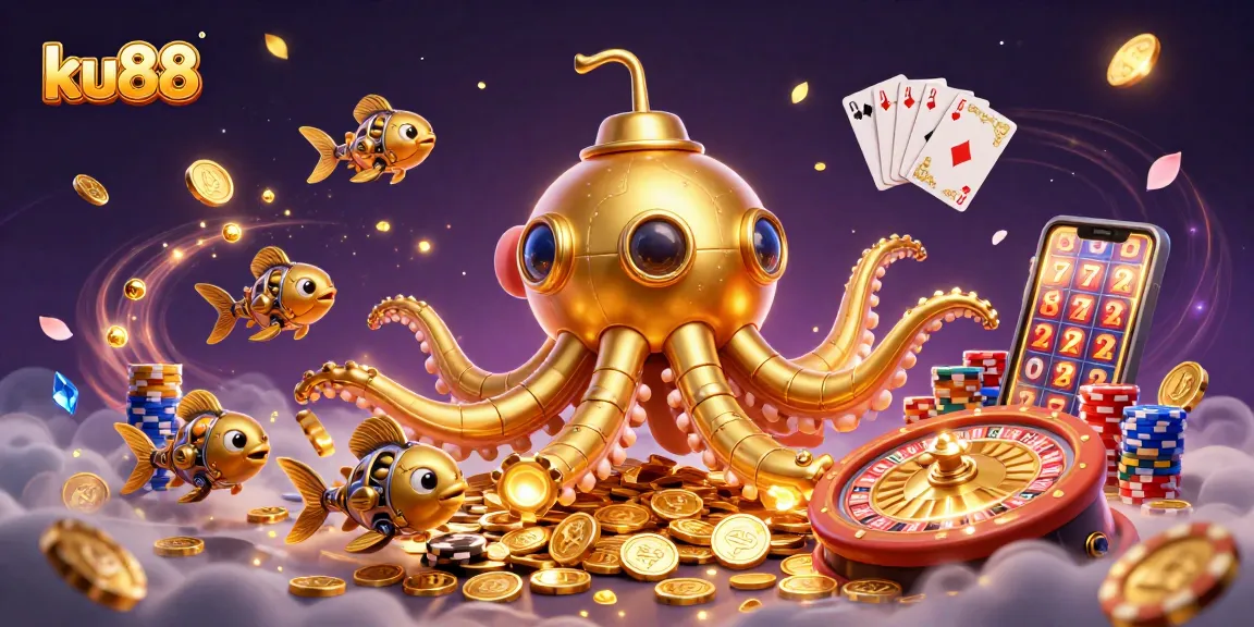 Join the thrilling adventure at ku88 with a golden kraken submarine in a dynamic casino scene!