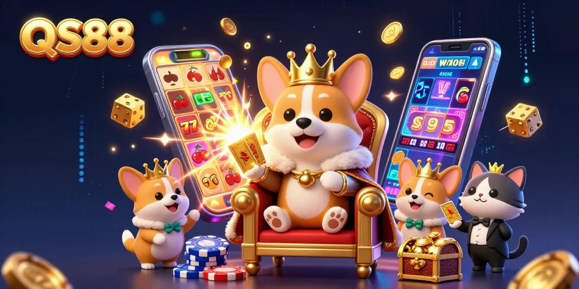 Experience the excitement of QS88 casino with a royal corgi and golden card deck in a vibrant, dynamic atmosphere.