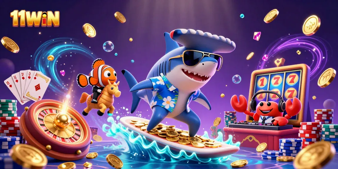 Surf the wave of luck with 11WIN, featuring a shark and friends amidst casino treasures.