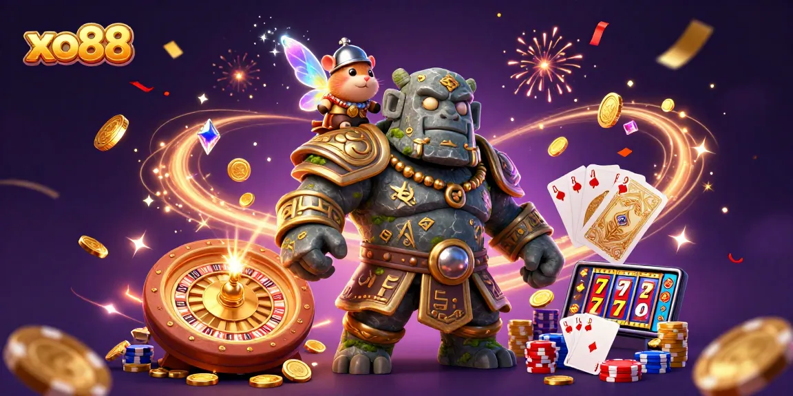 Experience the magic of xo88 with a lively scene of a golem, fairy, and hamster knight in a vibrant casino atmosphere.
