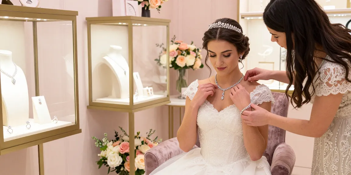 Bridal diamond jewellery showcased elegantly with a bride trying on bespoke pieces in a luxurious boutique.