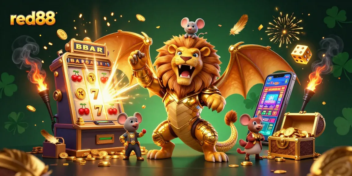 Experience thrilling gameplay with red88's dynamic casino elements in this vibrant 3D illustration.