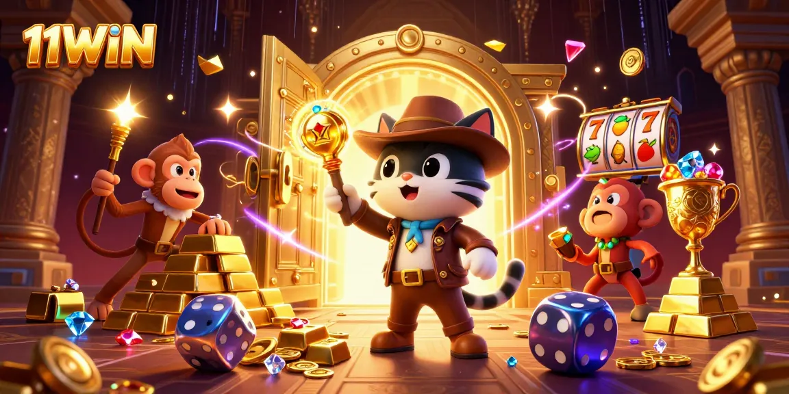 11WIN showcases a vibrant scene with a casino archeologist cat and treasure.
