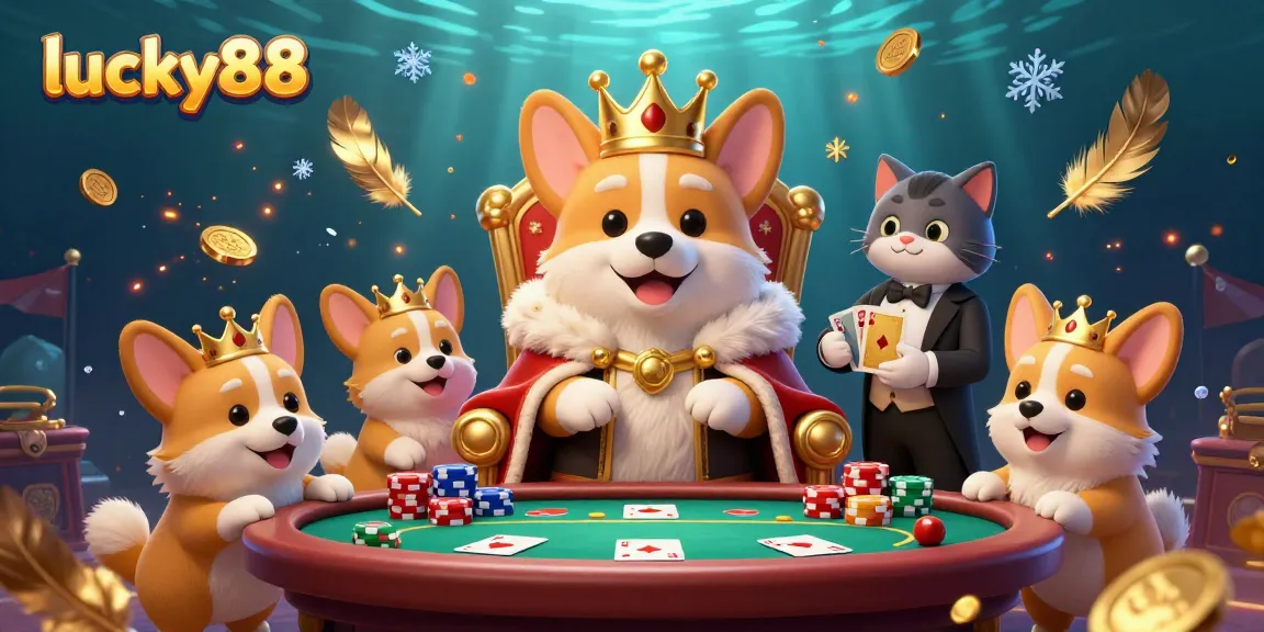 Engage with the lucky88 casino experience featuring a royal corgi, cat butler, and poker elements.