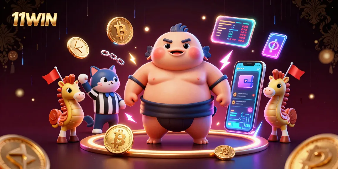 Engage with the vibrant underwater casino scene featuring 11WIN, adorned with Bitcoin and Ethereum elements.