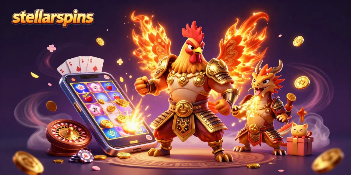 Engage in exciting gameplay with stellarspins as a vibrant rooster warrior meets a dragon hatchling amidst dynamic casino elements.
