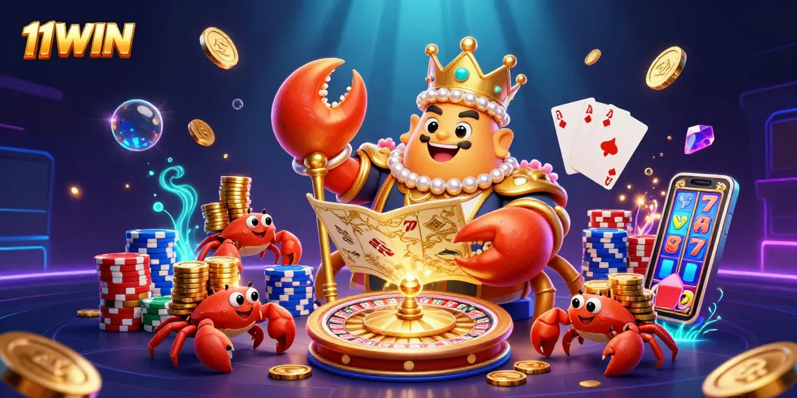 11WIN's vibrant casino scene featuring a golden crab emperor surrounded by treasure, cards, and coins.