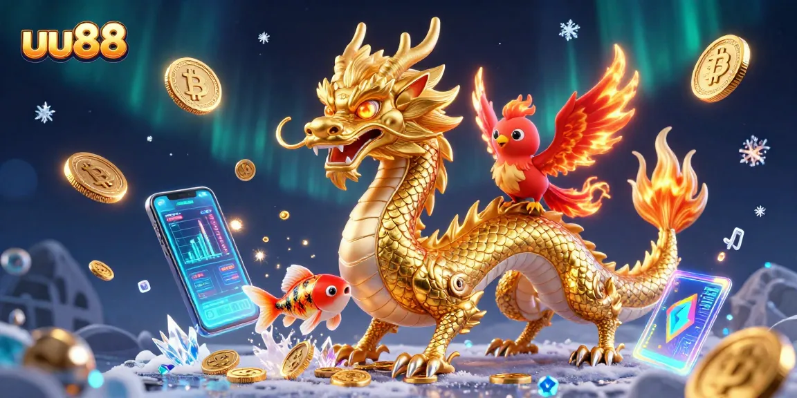 Experience thrilling gaming at uu88 with a mystical dragon, phoenix, and koi fish in a vibrant casino scene.