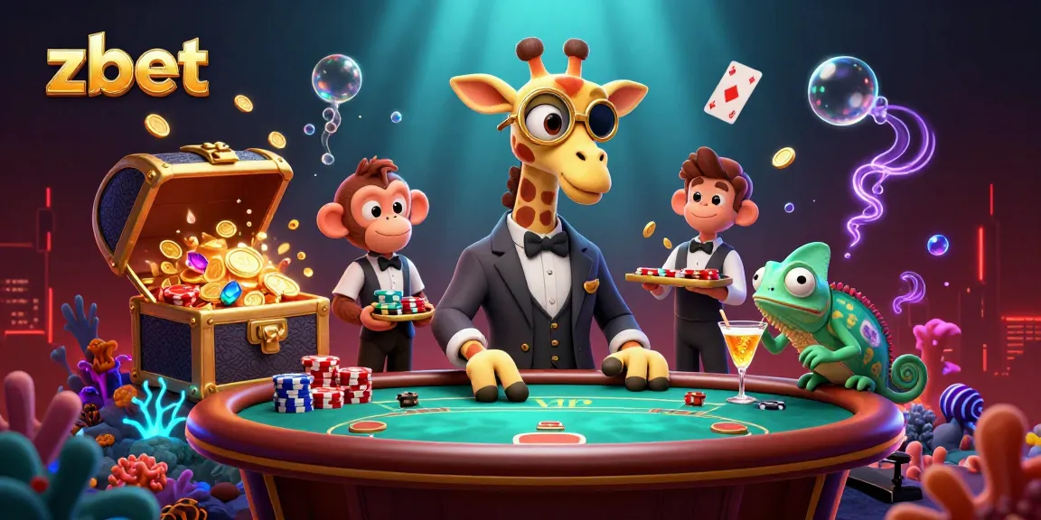 Zbet showcases an exciting poker scene with a giraffe, monkey, and chameleon in a vibrant casino background.