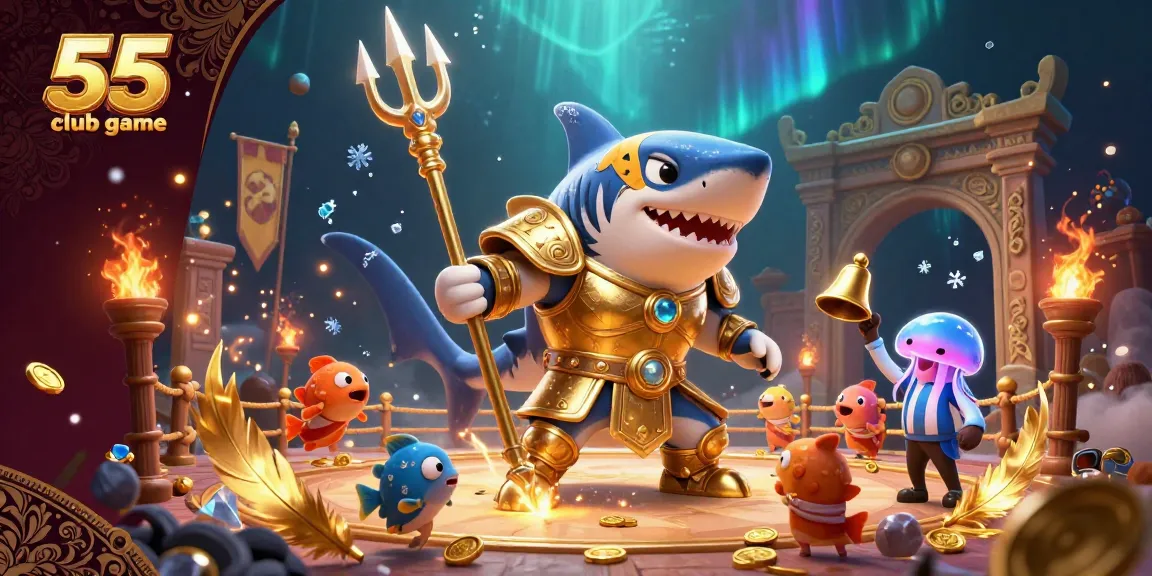 Experience the thrill of the 55 club game with a dynamic 3D illustration of a gladiator shark and cheering fish.