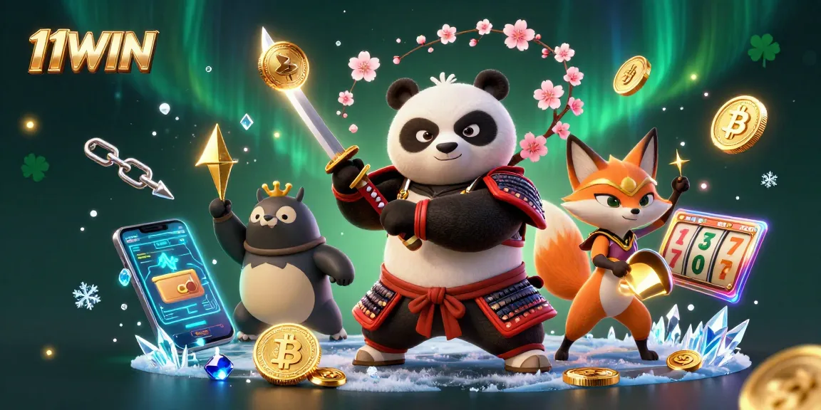 Engage in thrilling gameplay with 11WIN's energetic samurai panda and ninja fox amidst vibrant crypto elements.