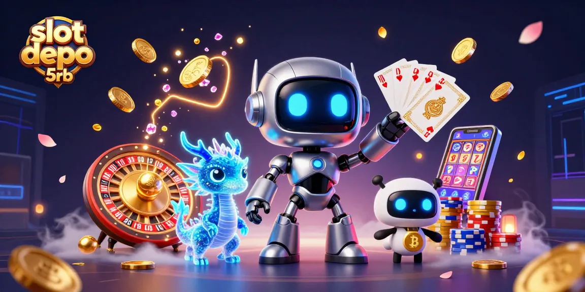 Experience the thrill of slot depo 5rb with this dynamic 3D illustration showcasing exciting slots and bonuses.