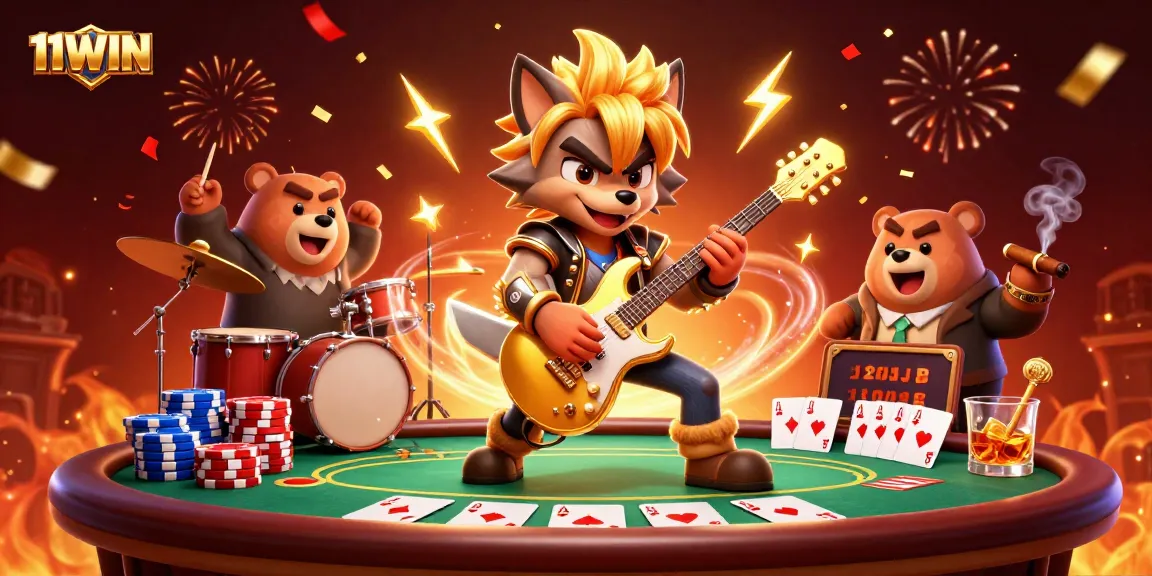 Join the 11WIN adventure amid colorful poker elements and a lively casino stage.