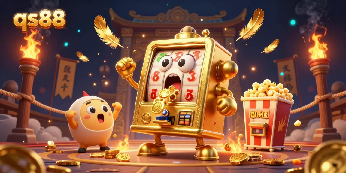 qs88 slot machine celebrates jackpot with coins pouring, surrounded by gold coins and cheering characters